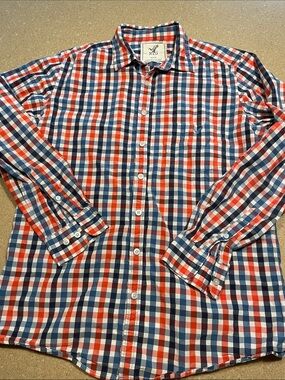 Men's Red, Navy & White Plaid Casual Button-Down Shirt